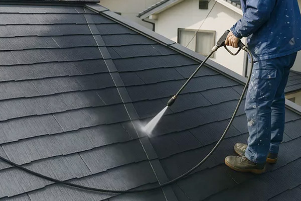 Couvreur en Haute‑Savoie travaillant sur une toiture en montagne